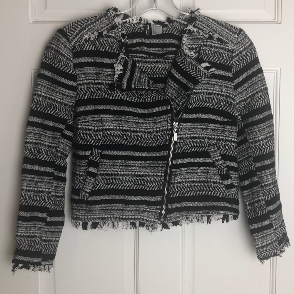 H&M fringes black & white crop motorcycle jacket